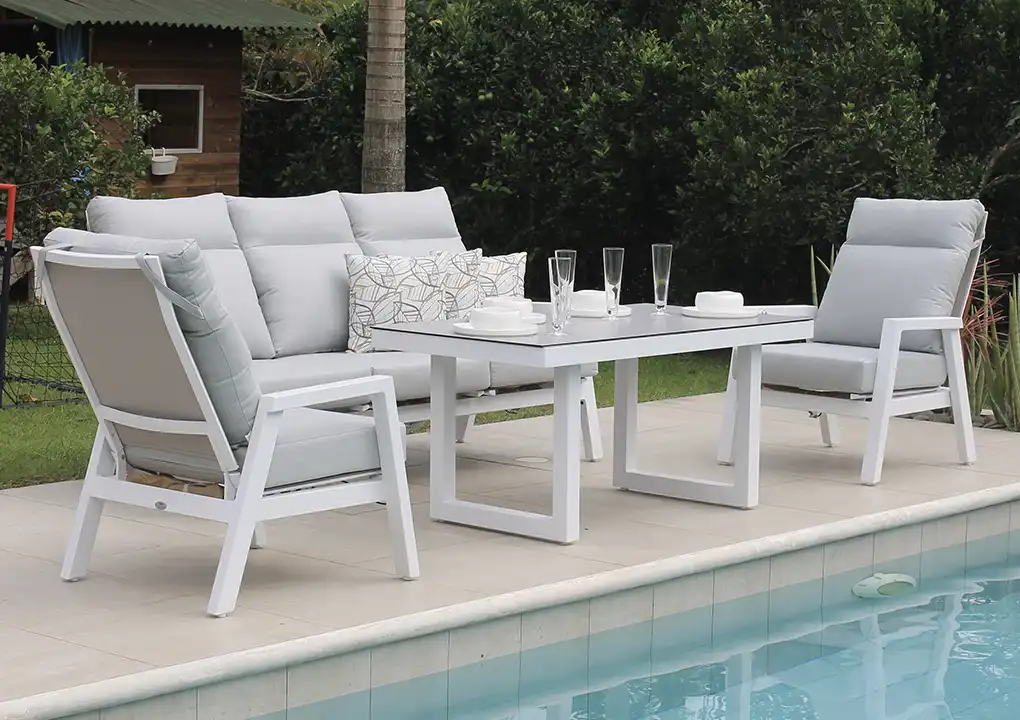 Set de sala ALURA blanco, sala de aluminio con sofás reclinables y mesa altura comedor para terraza