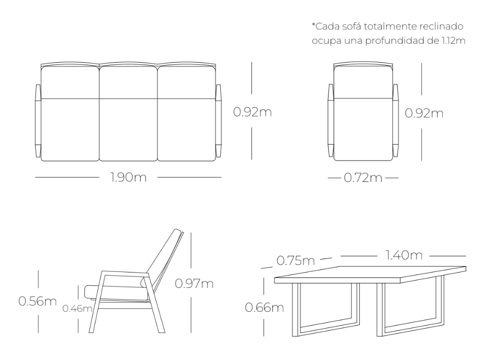 Medidas de sala ALURA, especificaciones técnicas del conjunto de sofás reclinables de aluminio