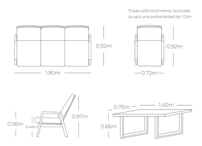 Medidas de sala ALURA, especificaciones técnicas del conjunto de sofás reclinables de aluminio