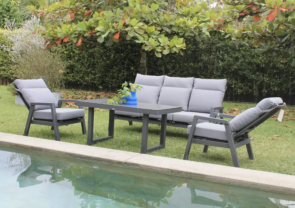 Set de sala ALURA negro, sala de aluminio gris oscuro con sofás reclinables y textilene para balcón
