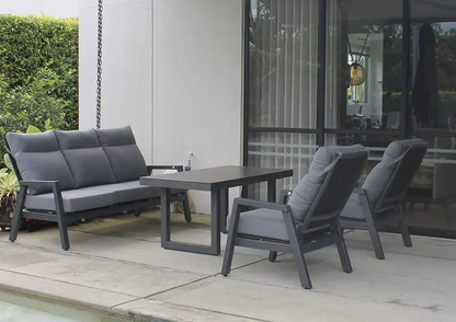 Set de sala ALURA negro, sala de aluminio gris oscuro con sofás reclinables para terraza cubierta
