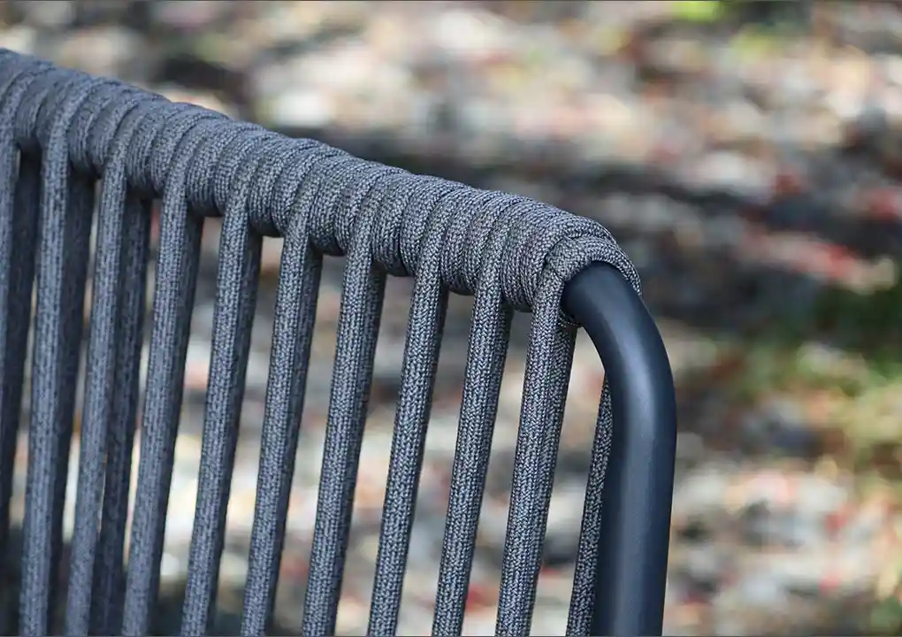 Vista de sala AMALFI gris, conjunto de sofás de aluminio con cuerdas de poliéster para terraza