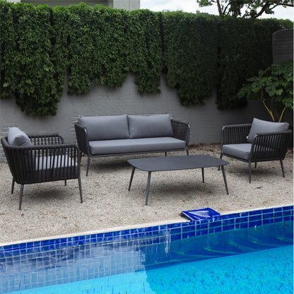 Set de sala AMALFI negro, sala de aluminio con cuerdas de poliéster y cojines para balcón y terraza