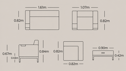 Plano técnico y dimensiones de la Sala CANARIAS con sofá, sillones y mesa