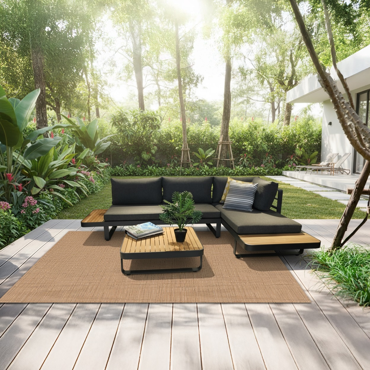 Set de sala CARTAGENA gris oscuro, sala de aluminio con bandejas de madera teca para terraza cubierta
