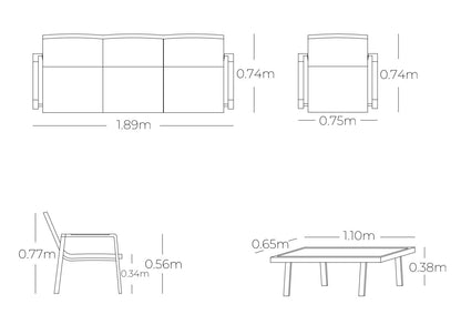 Medidas de sala CEDAR, especificaciones técnicas del conjunto de sofás de aluminio con madera teca