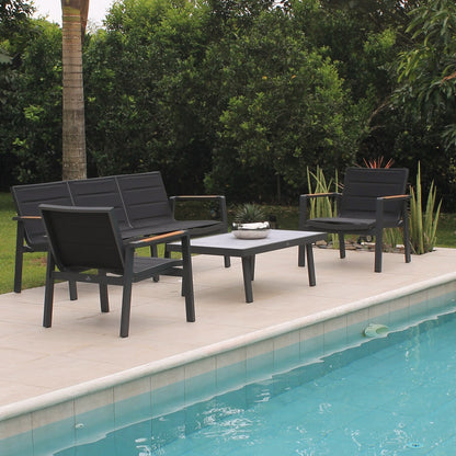 Set de sala CEDAR negro, sala de aluminio con textilene negro y detalles de madera teca para terraza