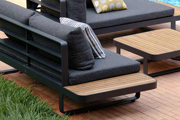 Set de sala CARTAGENA gris oscuro, sala de aluminio con bandejas de madera teca natural
