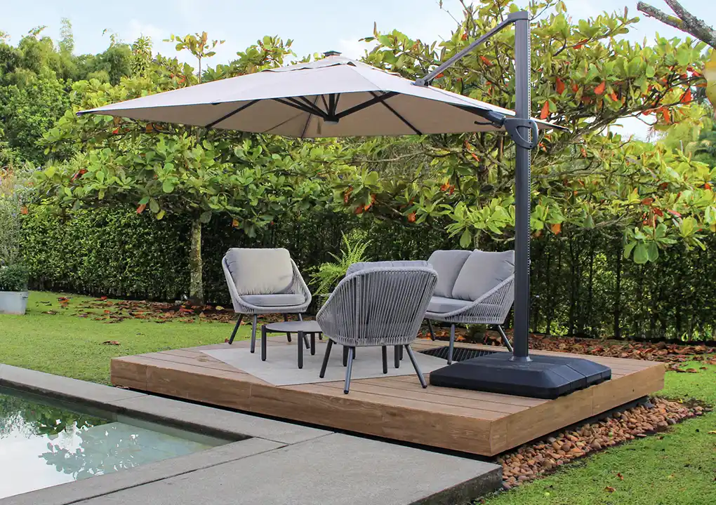 Set de sala GENOVA, sala de aluminio gris oscuro con cuerdas de poliéster y 3 mesas
