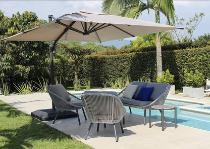 Vista de sala GENOVA gris, conjunto de sofás de aluminio con cuerdas de poliéster para balcón
