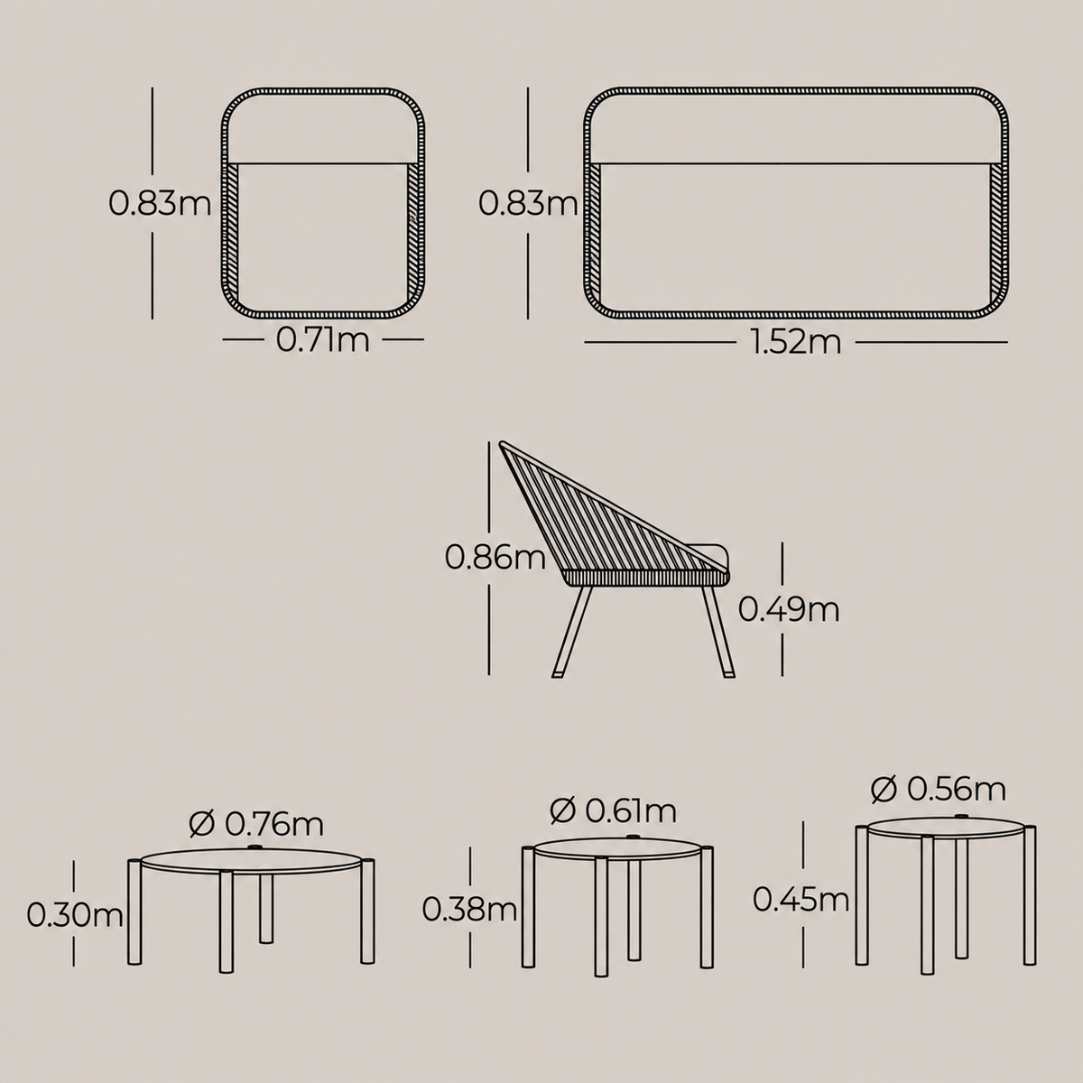 Plano técnico y dimensiones de la Sala GENOVA con sofá, sillones y tres mesas
