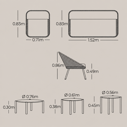Plano técnico y dimensiones de la Sala GENOVA con sofá, sillones y tres mesas