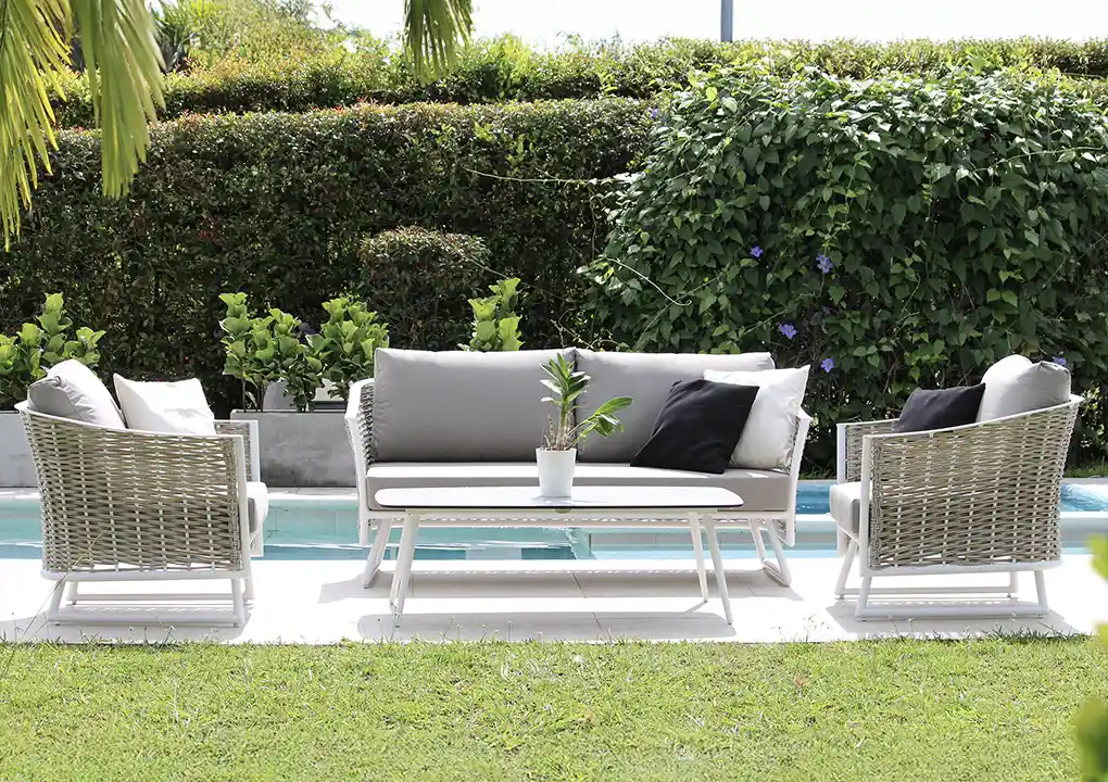 Set de sala GUAJIRA blanco, sala de aluminio con fibra termoplástica para terraza cubierta
