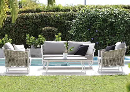 Set de sala GUAJIRA blanco, sala de aluminio con fibra termoplástica para terraza cubierta
