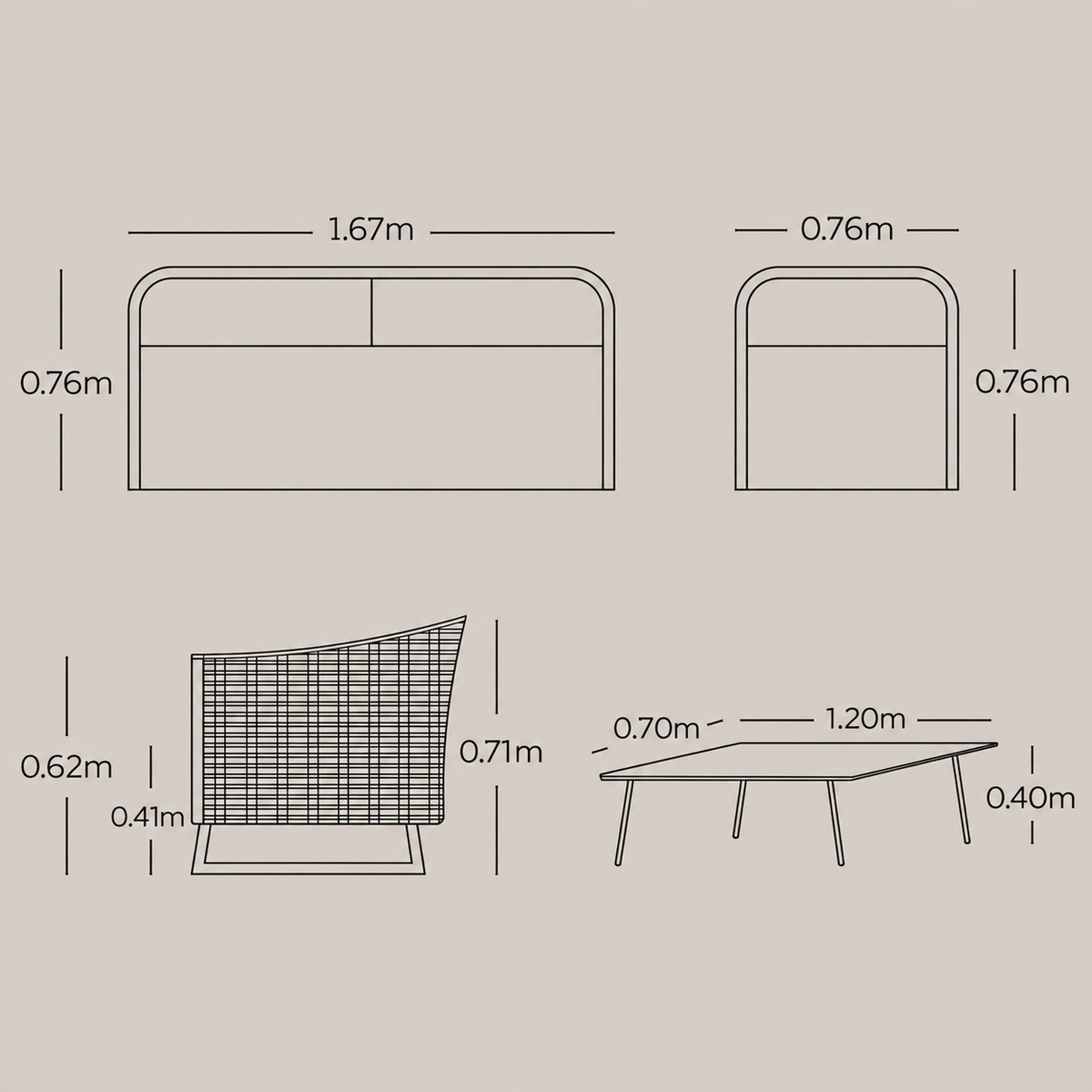 Plano técnico y dimensiones de la Sala GUAJIRA con sofá, sillones y mesa