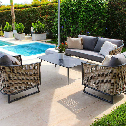 Set de sala GUAJIRA negro, sala de aluminio con fibra termoplástica y cojines gris oscuro para terraza cubierta
