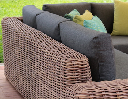 Set de sala KAPAS, sala de aluminio con fibra termoplástica nogal para balcón cubierto
