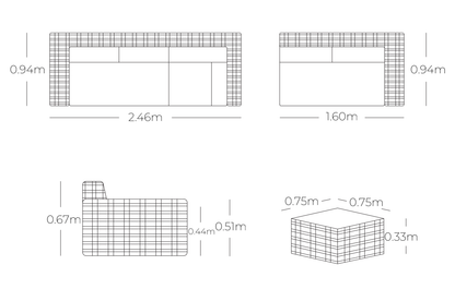 Medidas de sala KAPAS, especificaciones técnicas del conjunto de sofás de aluminio con fibra termoplástica

