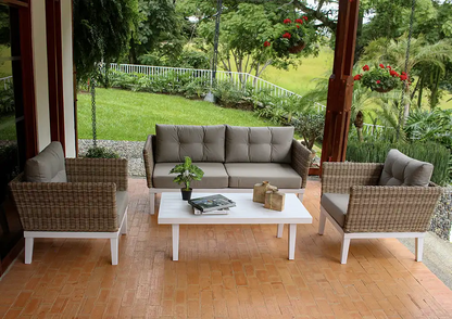 Set de sala MARATUA café, sala de aluminio blanco con fibra termoplástica café y cojines taupe