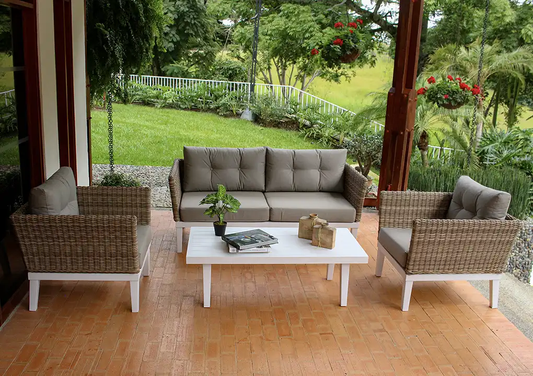 Set de sala MARATUA café, sala de aluminio blanco con fibra termoplástica café y cojines taupe
