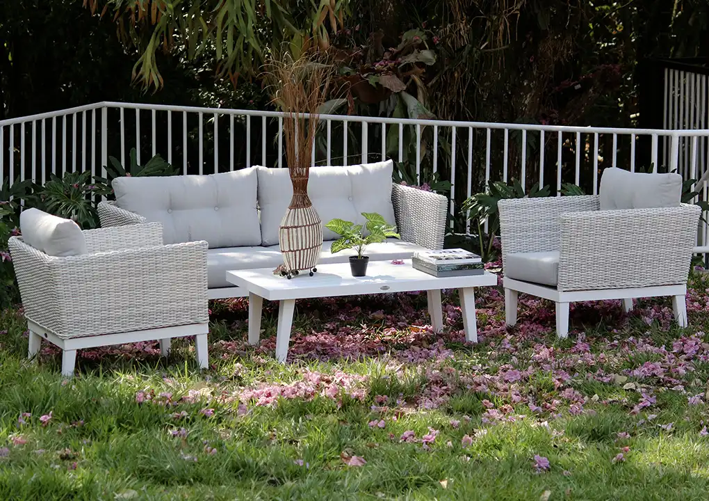 Set de sala MARATUA gris, sala de aluminio blanco con fibra termoplástica gris y cojines para terraza