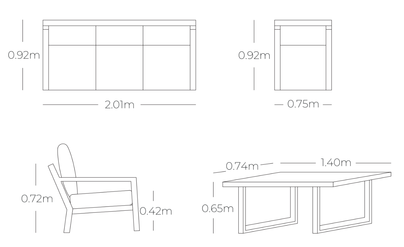 Medidas de sala SALINE, especificaciones técnicas del conjunto de sofás de aluminio con mesa altura comedor
