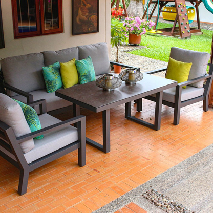 Set de sala SALINE negro, sala de aluminio con sofá triple y mesa altura comedor para terraza cubierta
