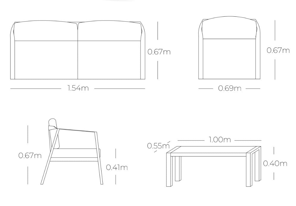 Medidas de sala TARRAGONA, especificaciones técnicas del conjunto de sofás de aluminio con cajonería

