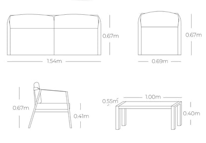 Medidas de sala TARRAGONA, especificaciones técnicas del conjunto de sofás de aluminio con cajonería
