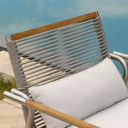 Vista de sala VELEROS, conjunto de sofás de acero inoxidable con cuerdas grises para terraza cubierta