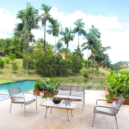 Set de sala VELEROS, sala de acero inoxidable con cuerdas de poliéster gris y detalles de madera teca