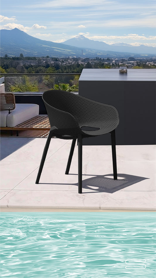 Silla CIEL PRO negra, silla de polipropileno apilable apta para intemperie para terraza
