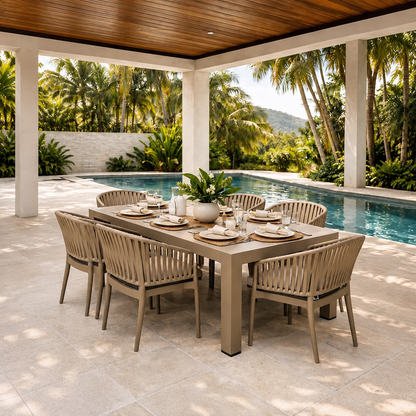 Sillas COSTEIRA Taupe para comedor exterior y terraza junto a piscina