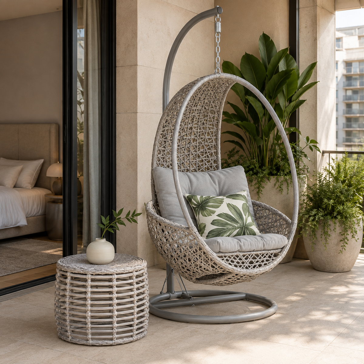 Silla Colgante PAGODA con cojinería gris para balcón y terraza