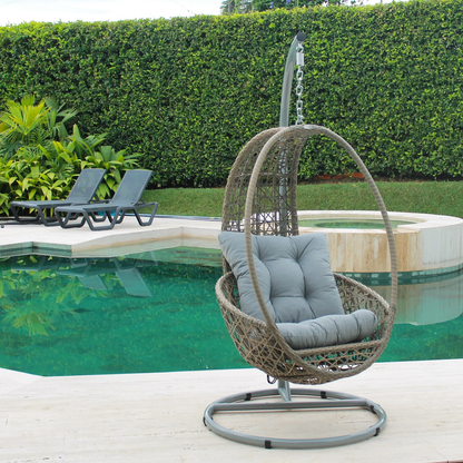 Silla colgante PAGODA gris, silla de acero inoxidable con ratán sintético gris para balcón cubierto
