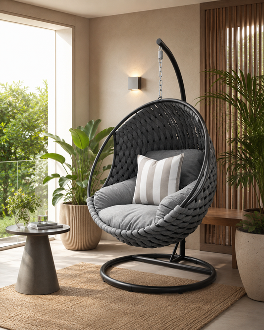 Silla colgante ROPE para exterior en color gris, con estructura metálica negra y cojines acolchados, ambientada en balcón moderno.
