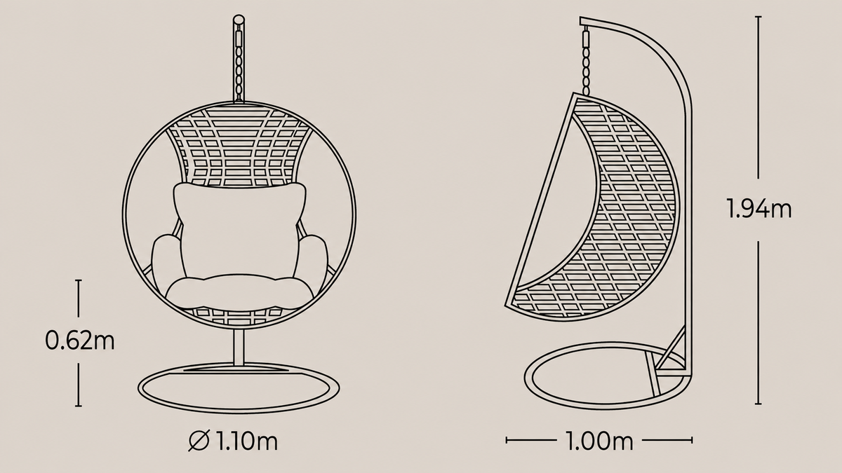 Medidas de la silla colgante ROPE para exterior, con vista frontal y lateral de su estructura y dimensiones.