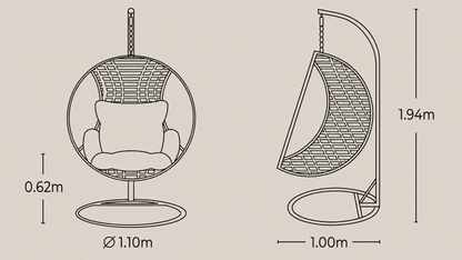 Medidas de la silla colgante ROPE para exterior, con vista frontal y lateral de su estructura y dimensiones.