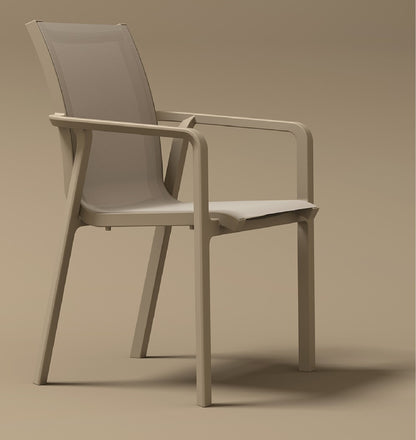 Silla MARE taupe, silla de resina con malla Serge Ferrari apta para intemperie para terraza
