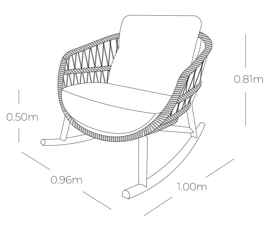 Medidas de silla mecedora BARICHARA, especificaciones técnicas de mecedora de aluminio con teca
