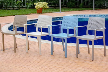 Silla PREGO en gris, azul claro, blanco y beige, silla de tecnopolímero con brazos para terraza
