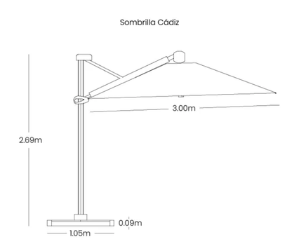 Vista de sombrilla CADIZ para terraza, parasol cuadrado de aluminio para jardín y piscina