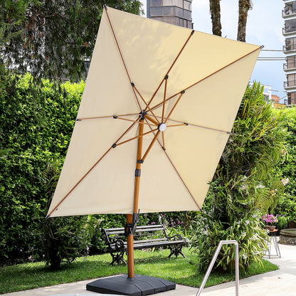 Vista de sombrilla KIOSK WOOD con panel solar, parasol rotativo acabado madera para jardín y piscina