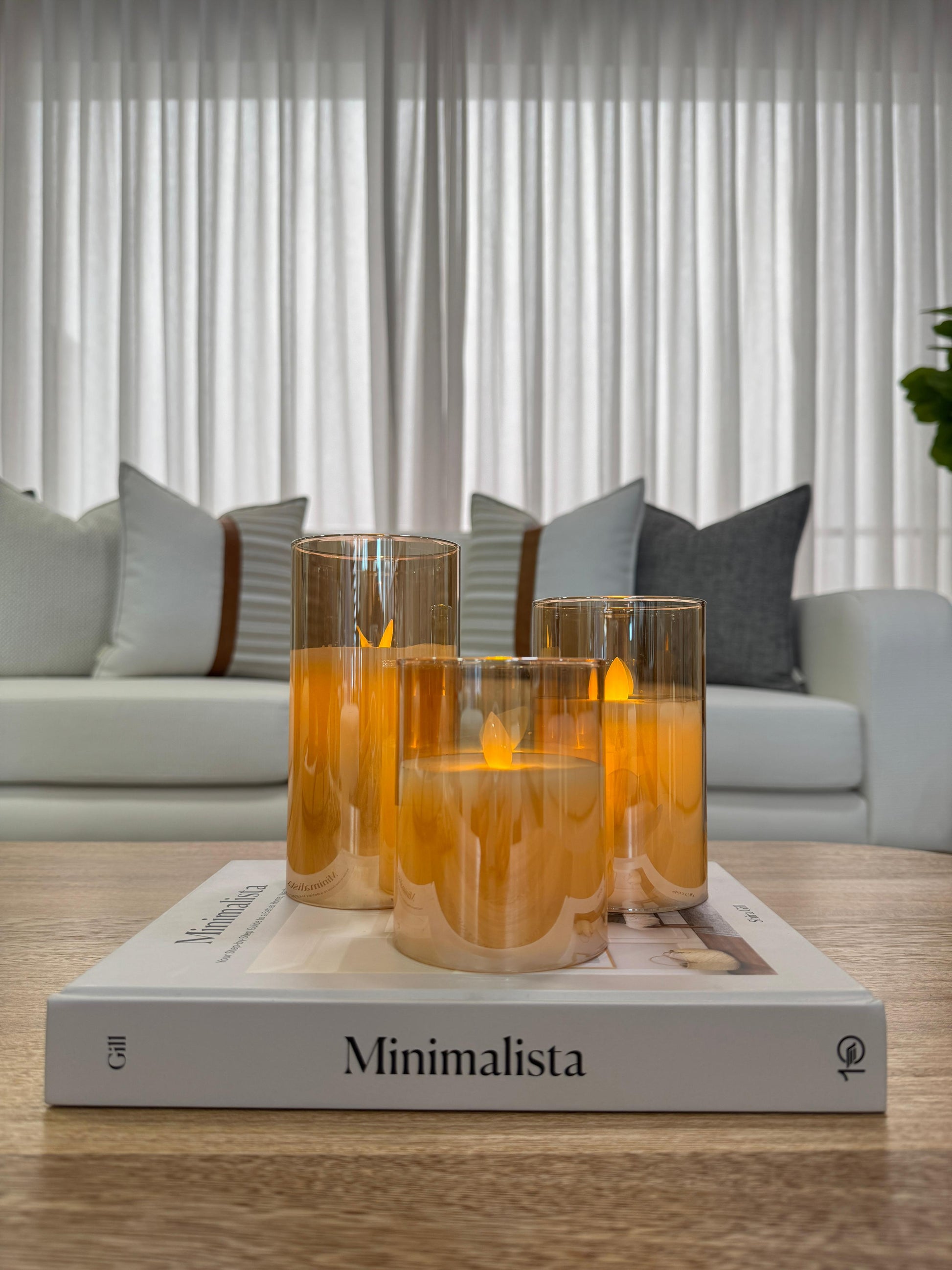 Velas decorativas LED en cristal ámbar a pilas, set x 3 tamaños (15cm, 12.5cm y 10cm), velas sin llama