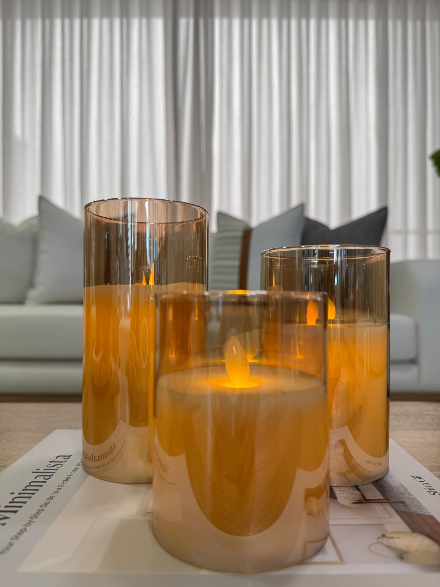 Velas decorativas LED en cristal ámbar a pilas, set de 3 velas sin llama para decoración de interiores